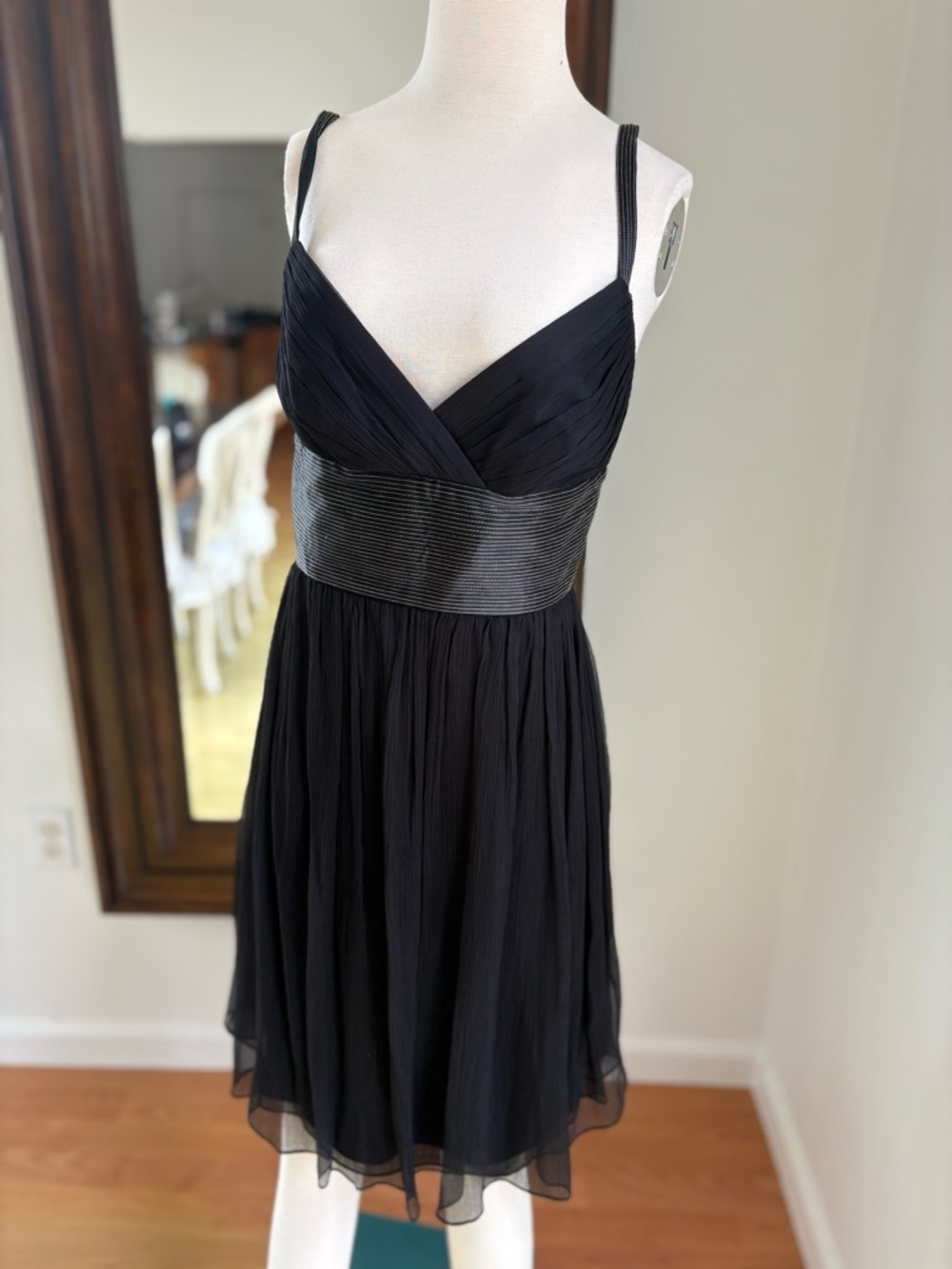 Catherine Malandrino Black Pleated Mini Dress with Waistband 100% silk